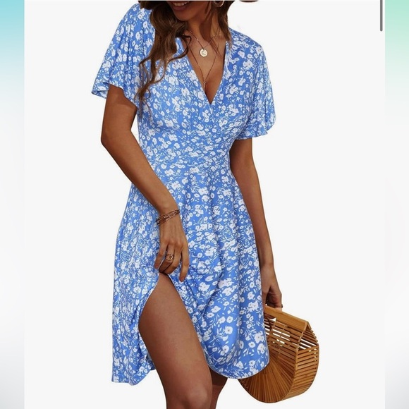 Amazon Floral Short Sleeve Wrap V Neck A-Line Midi Dress - Picture 1 of 7
